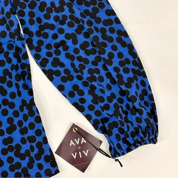 Ava & Viv Vibrant Blue& Black Polka Dot Knot Front Sweetheart Blouse Plus Size - Picture 4 of 10